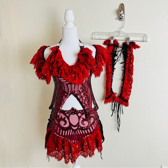 Disco X Lux OOAK Red Wedding Sequin 4 Piece Ruffle Skirt & Arm Warmers Set - Picture 1 of 11